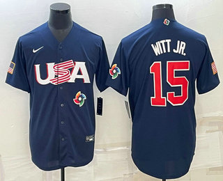 Men%27s USA Baseball #15 Bobby Witt Jr 2023 Navy World Baseball Classic Stitched Jersey